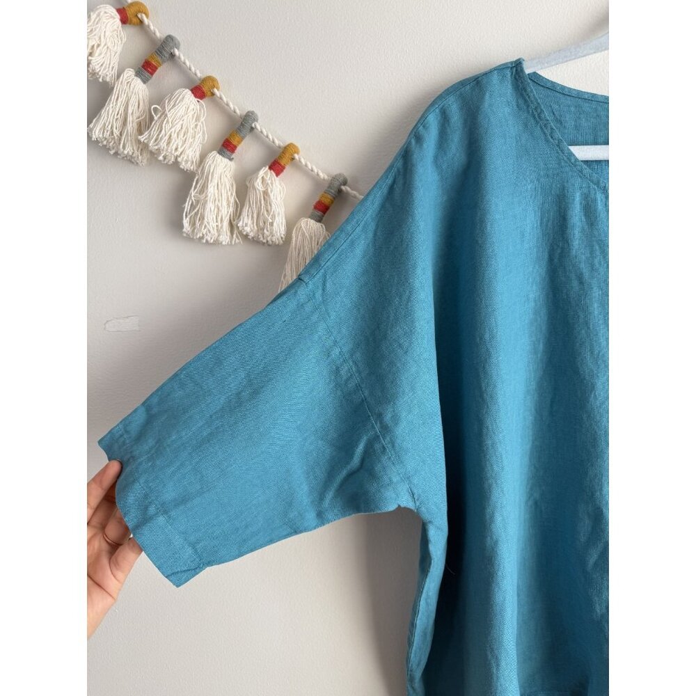 La Fixsun 100% Linen Asymmetric Half Sleeve Turquoise Top Lagenlook Coastal S - Picture 2 of 8
